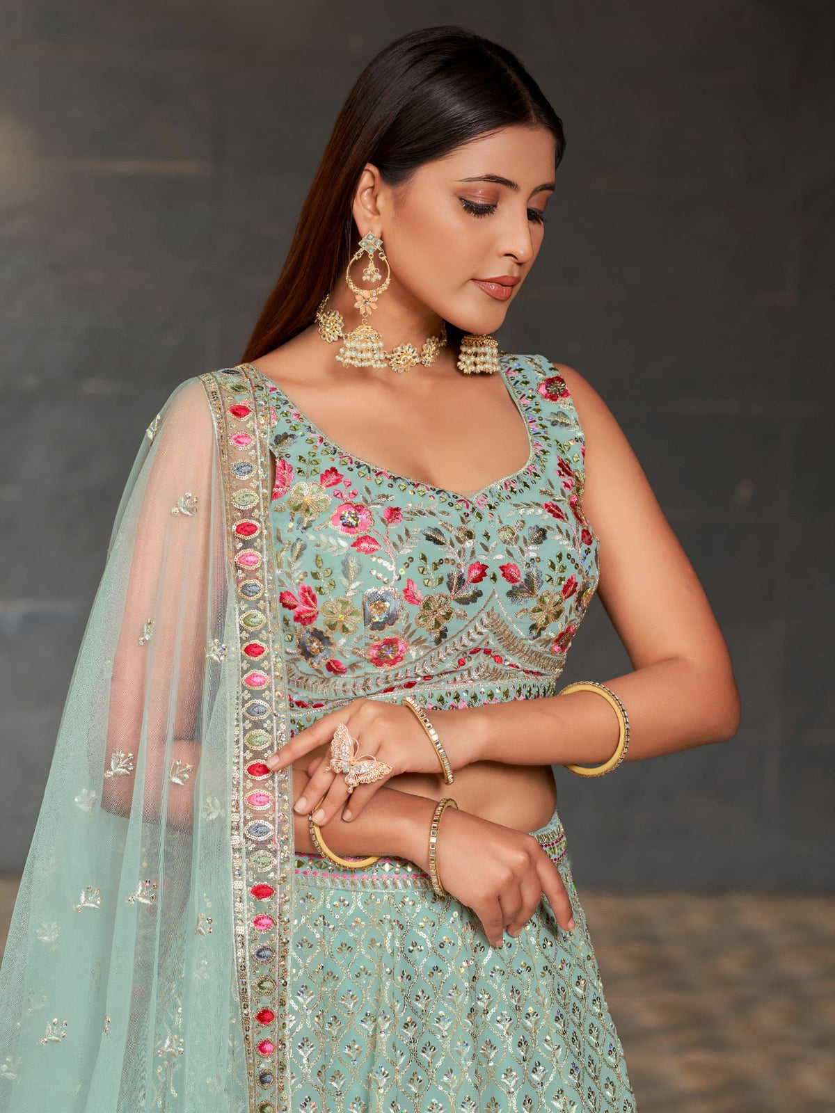 Aqua Blossom Sequin Lehenga | Sky Blue
