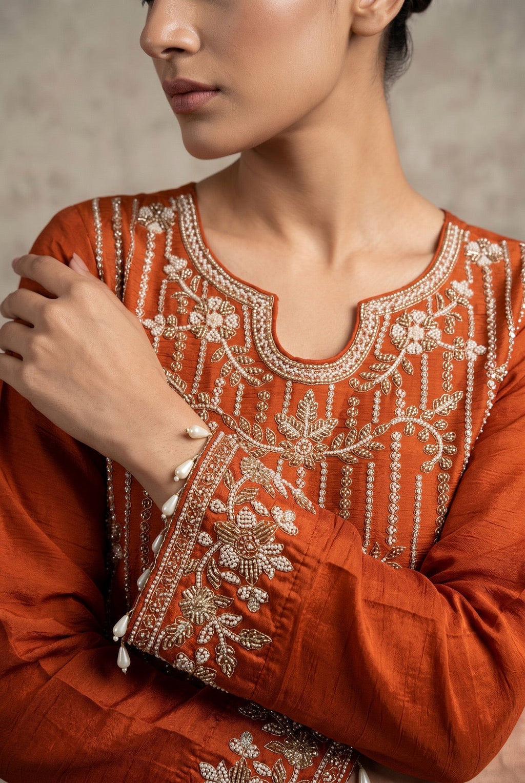 Sayuri Designer Jacquard Beads Collection D.No 10297-B - Rust Orange
