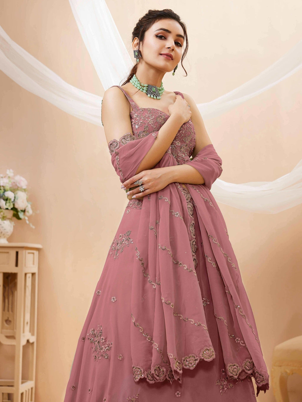 Dusty Rose Sequin Floral Lehenga Choli