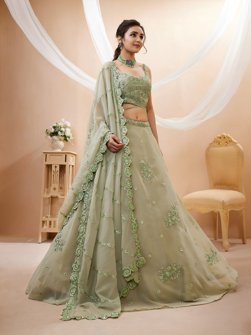 Pista Green Embellished Lehenga Choli