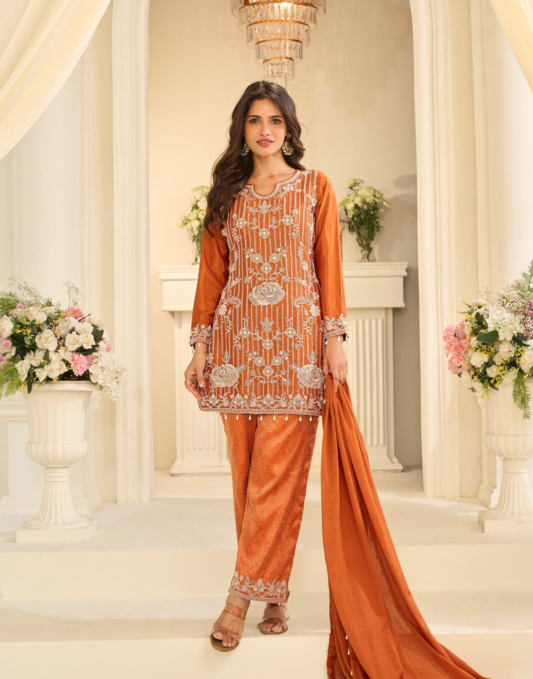 Sayuri Designer Jacquard Beads Collection D.No 10297-B - Rust Orange