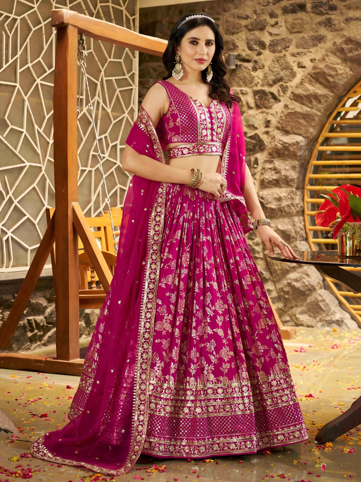 Rani Pink Floral Shimmer Lehenga Choli