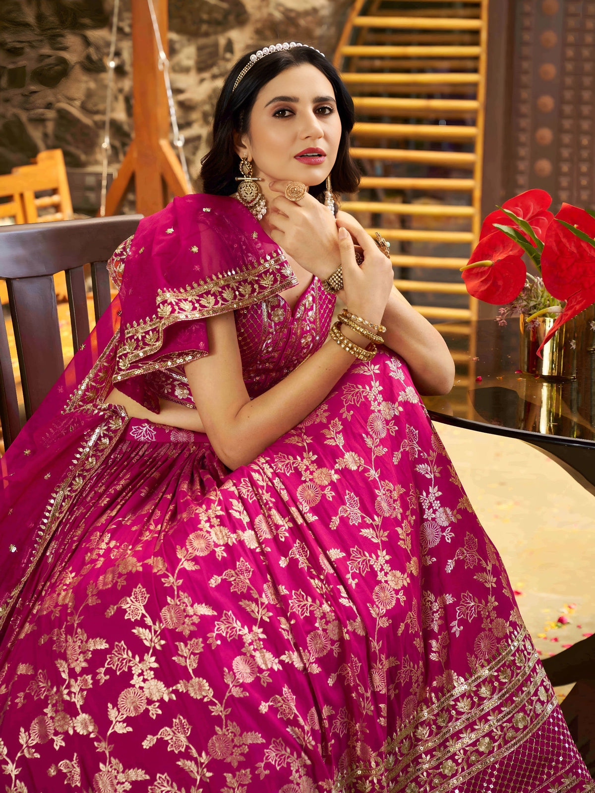 Rani Pink Floral Shimmer Lehenga Choli