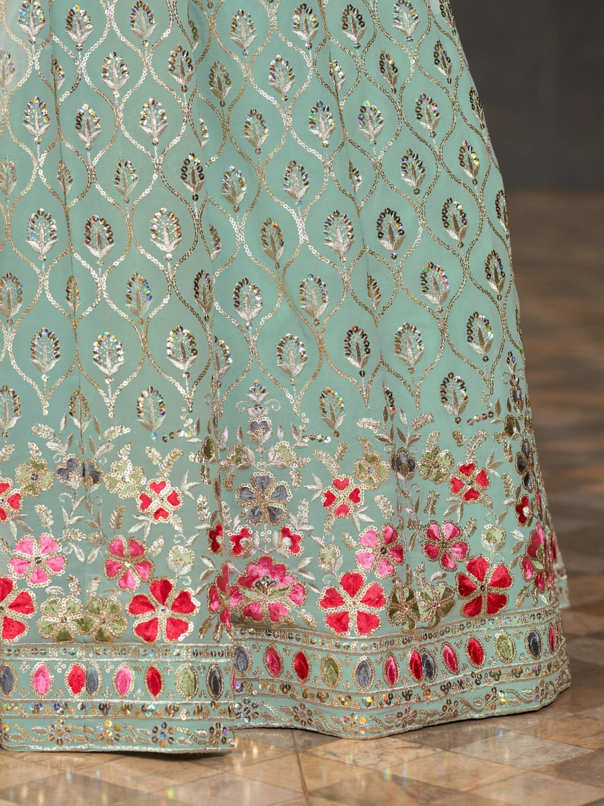 Aqua Blossom Sequin Lehenga | Sky Blue