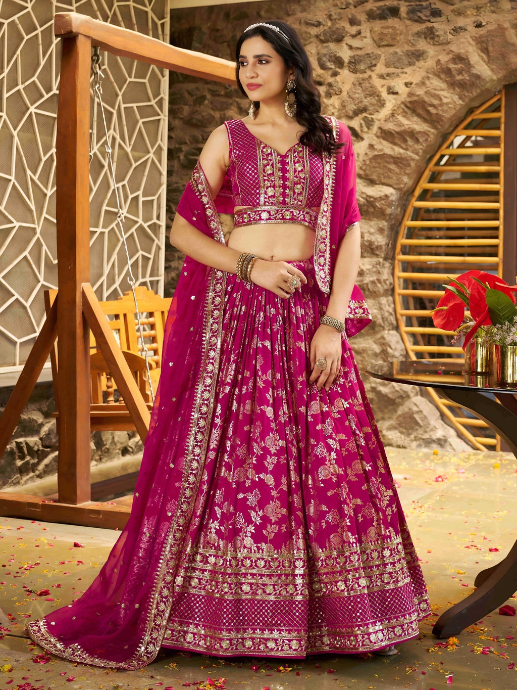 Rani Pink Floral Shimmer Lehenga Choli