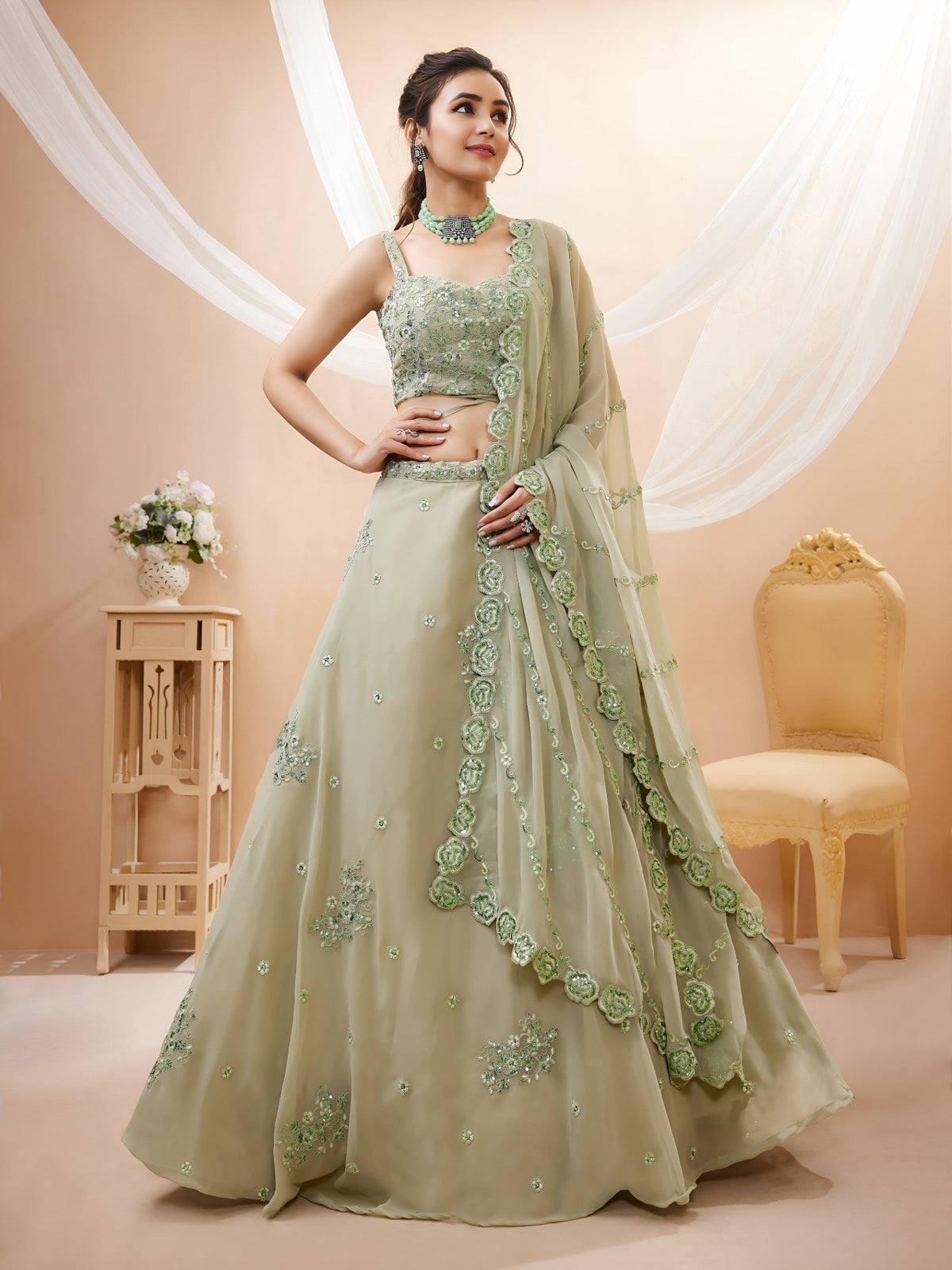 Pista Green Embellished Lehenga Choli