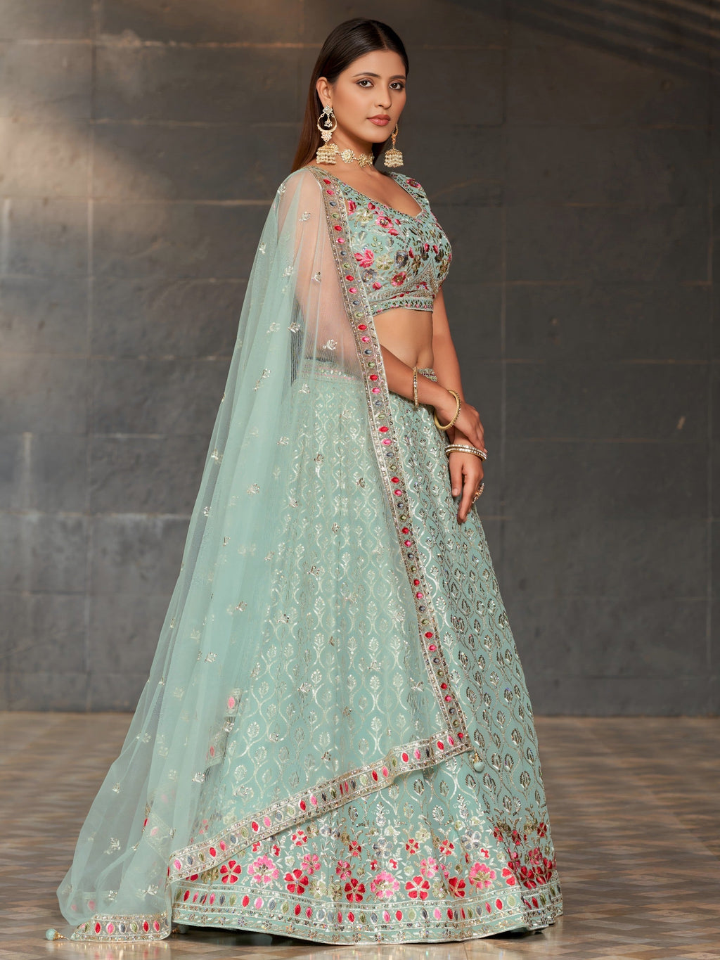 Aqua Blossom Sequin Lehenga | Sky Blue