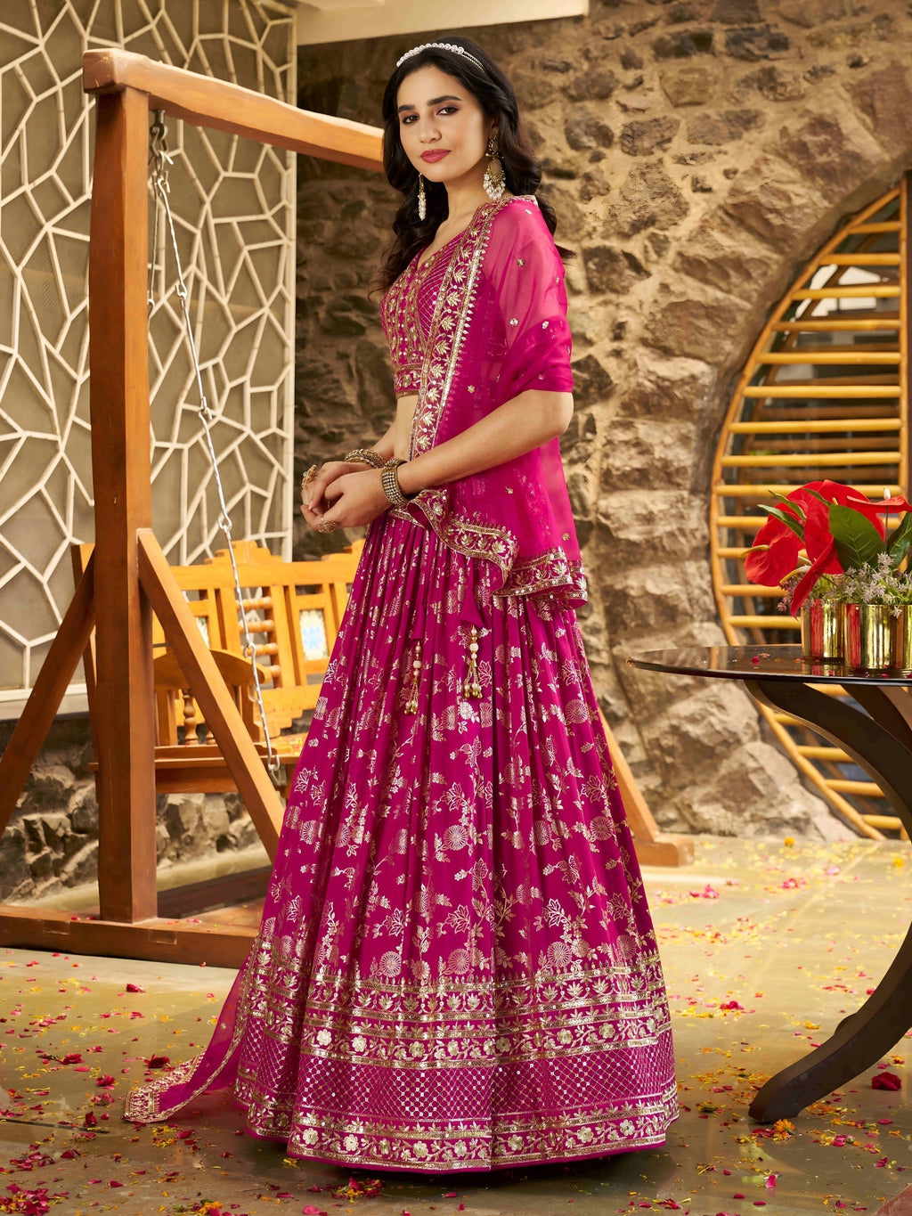 Rani Pink Floral Shimmer Lehenga Choli
