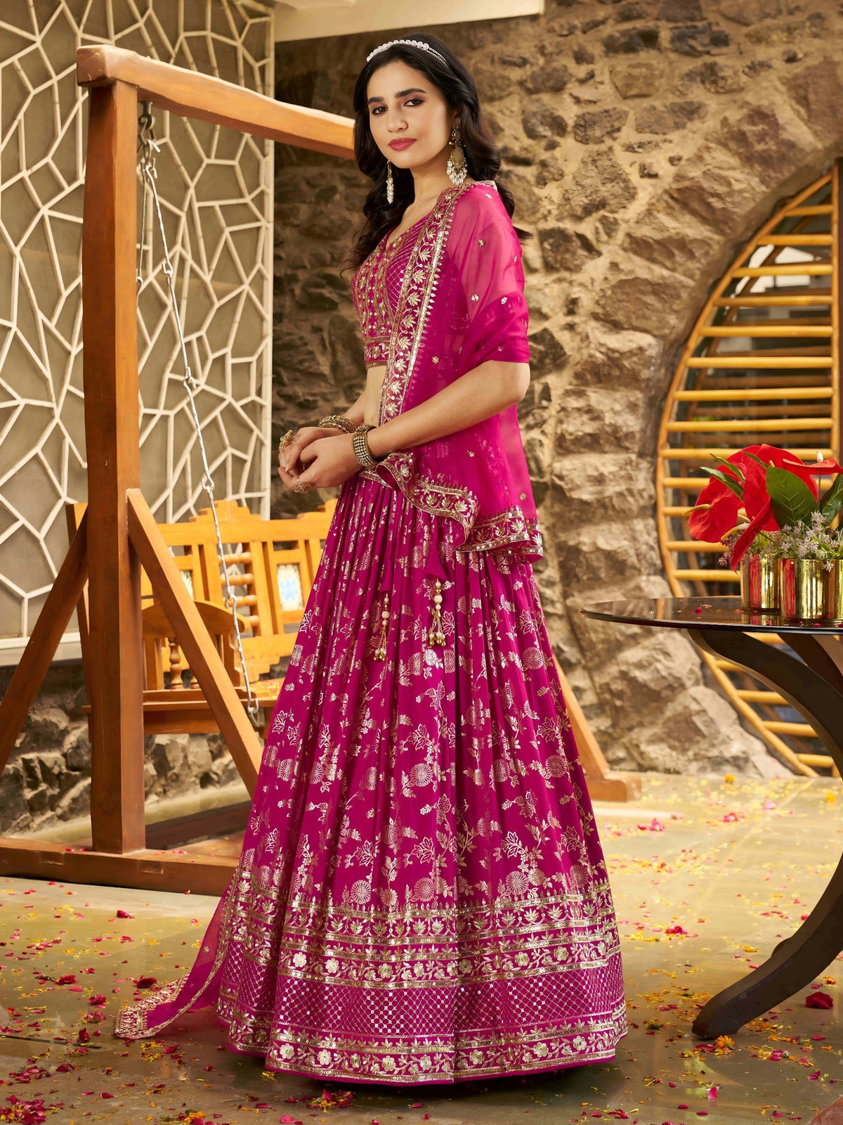 Rani Pink Floral Shimmer Lehenga Choli