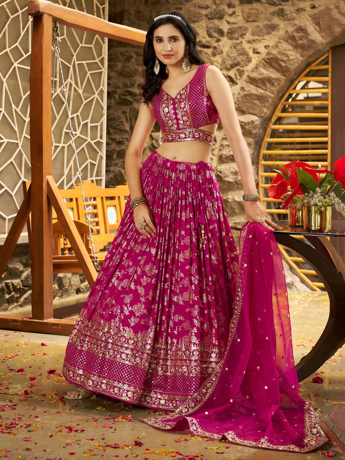 Rani Pink Floral Shimmer Lehenga Choli