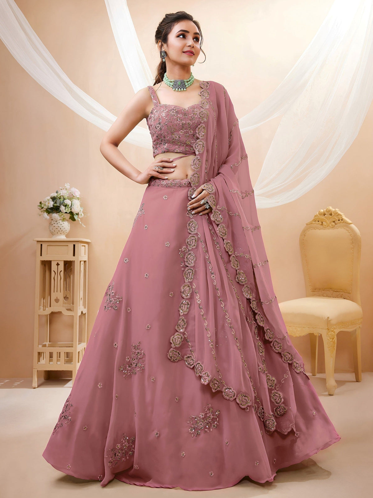 Dusty Rose Sequin Floral Lehenga Choli