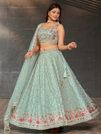 Aqua Blossom Sequin Lehenga | Sky Blue