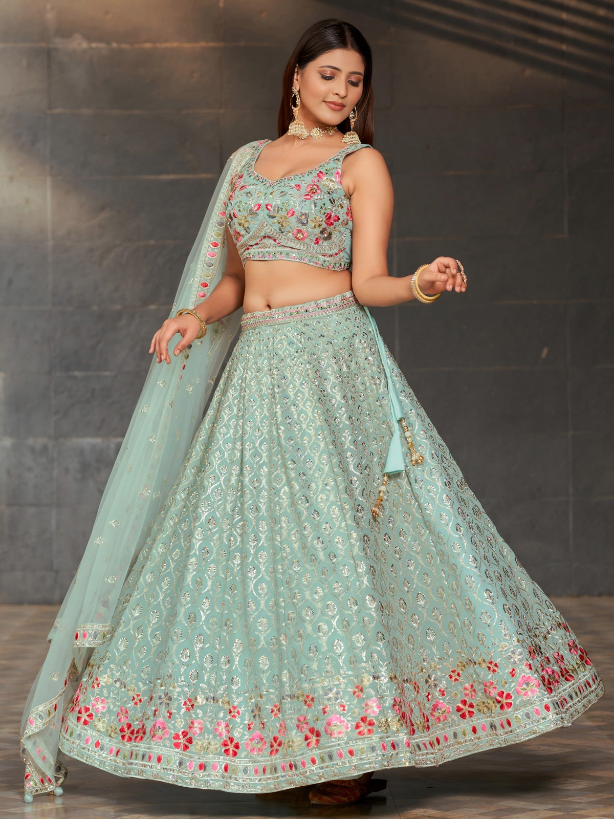 Aqua Blossom Sequin Lehenga | Sky Blue