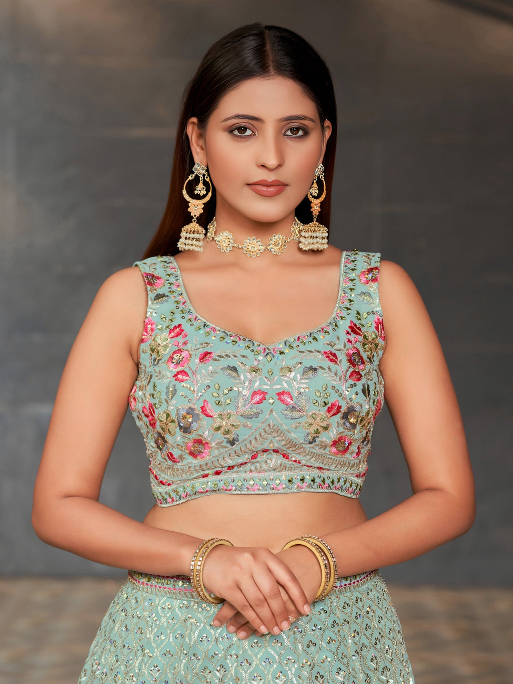 Aqua Blossom Sequin Lehenga | Sky Blue