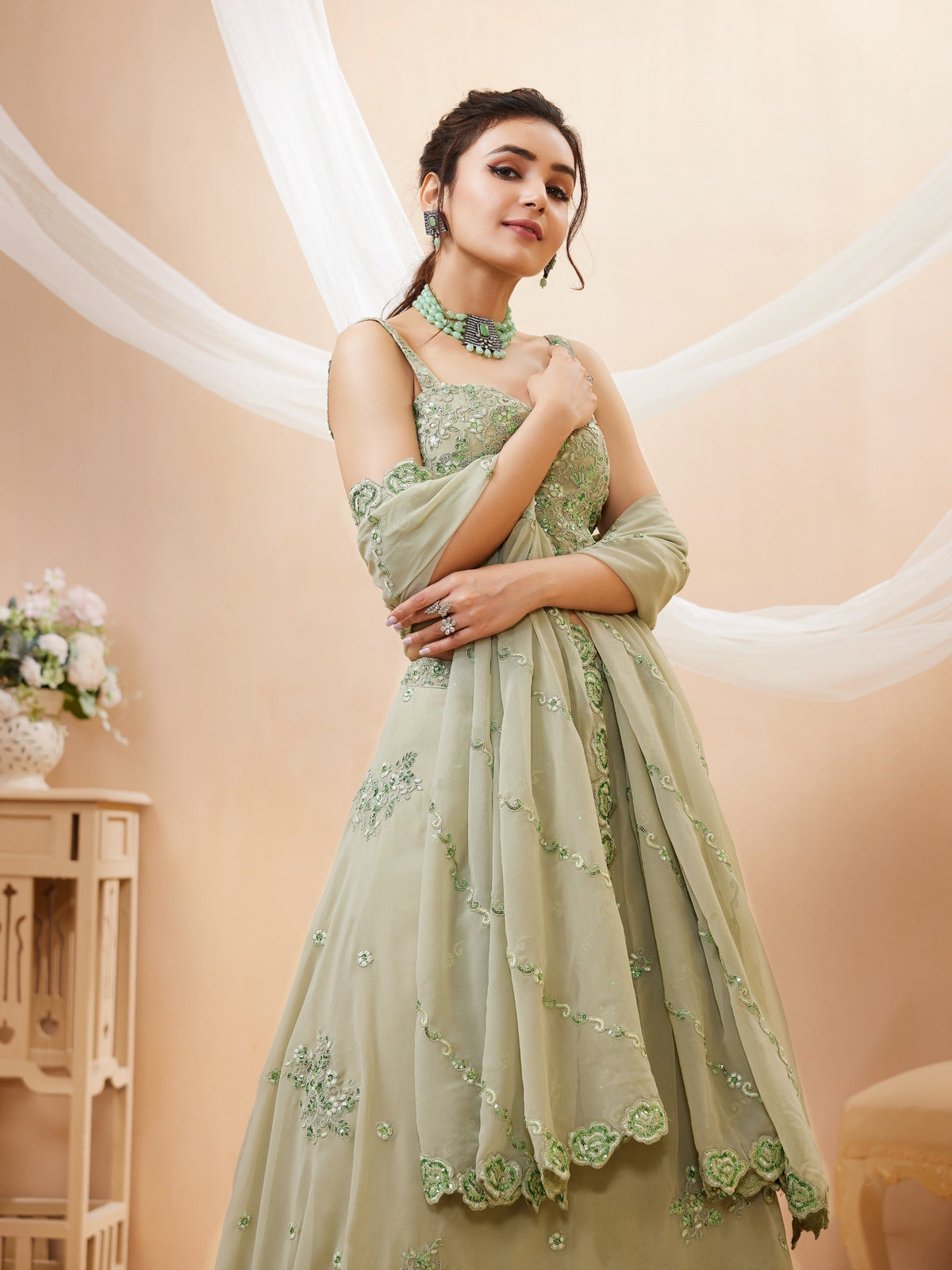 Pista Green Embellished Lehenga Choli