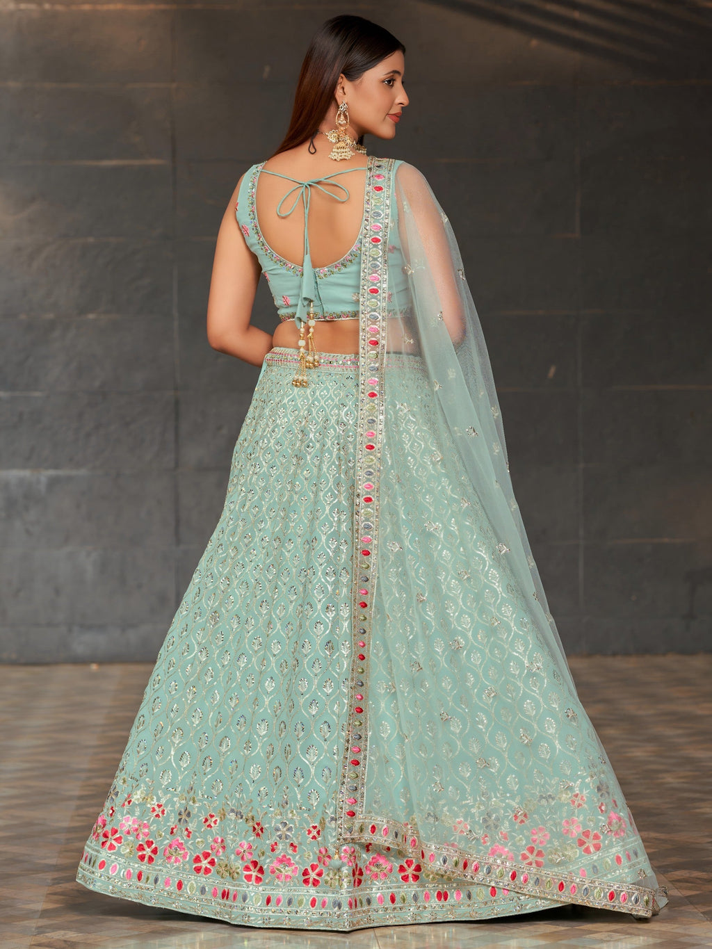 Aqua Blossom Sequin Lehenga | Sky Blue