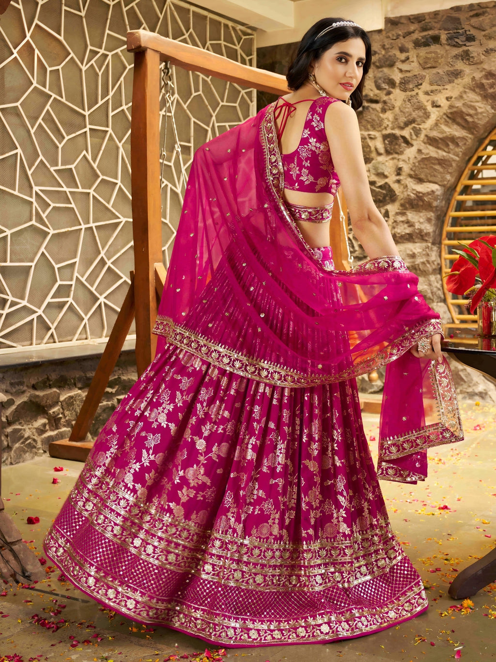 Rani Pink Floral Shimmer Lehenga Choli