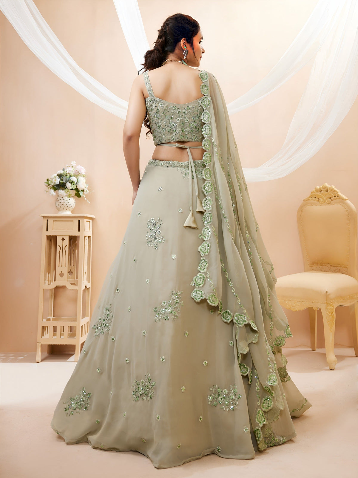 Pista Green Embellished Lehenga Choli