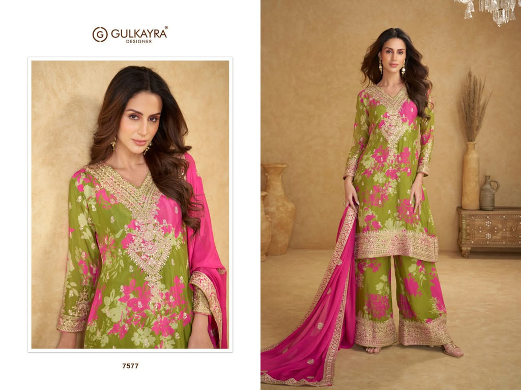Gulkayra Designer Sofiya #7577 - Green & Pink Sharara Suit