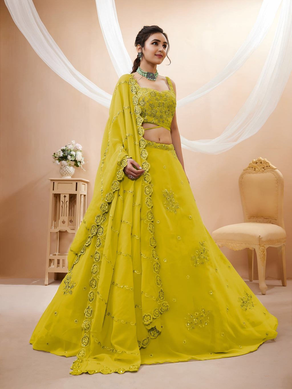 Lime Yellow Embellished Lehenga Choli