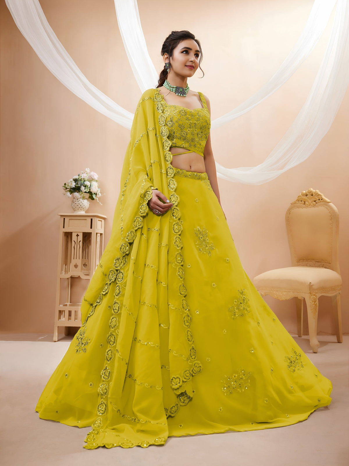 Lime Yellow Embellished Lehenga Choli