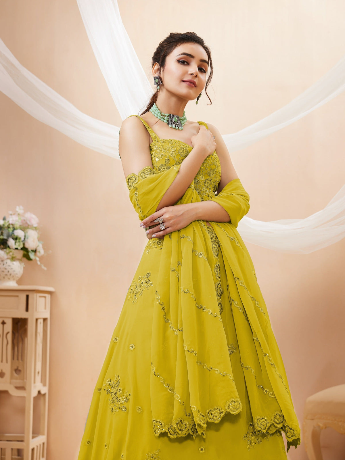 Lime Yellow Embellished Lehenga Choli