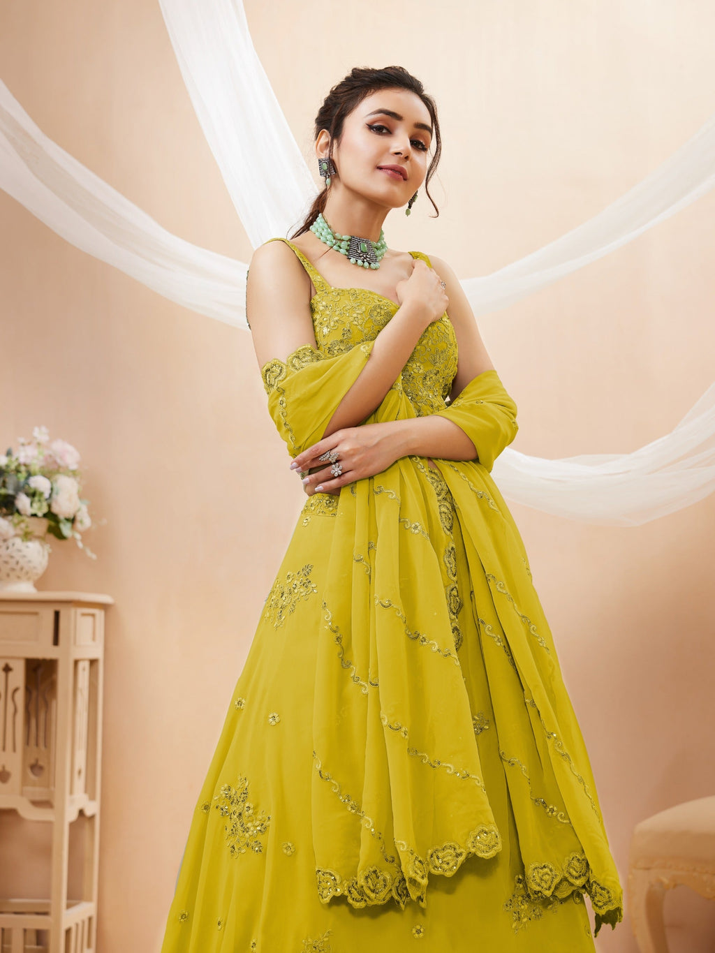 Lime Yellow Embellished Lehenga Choli
