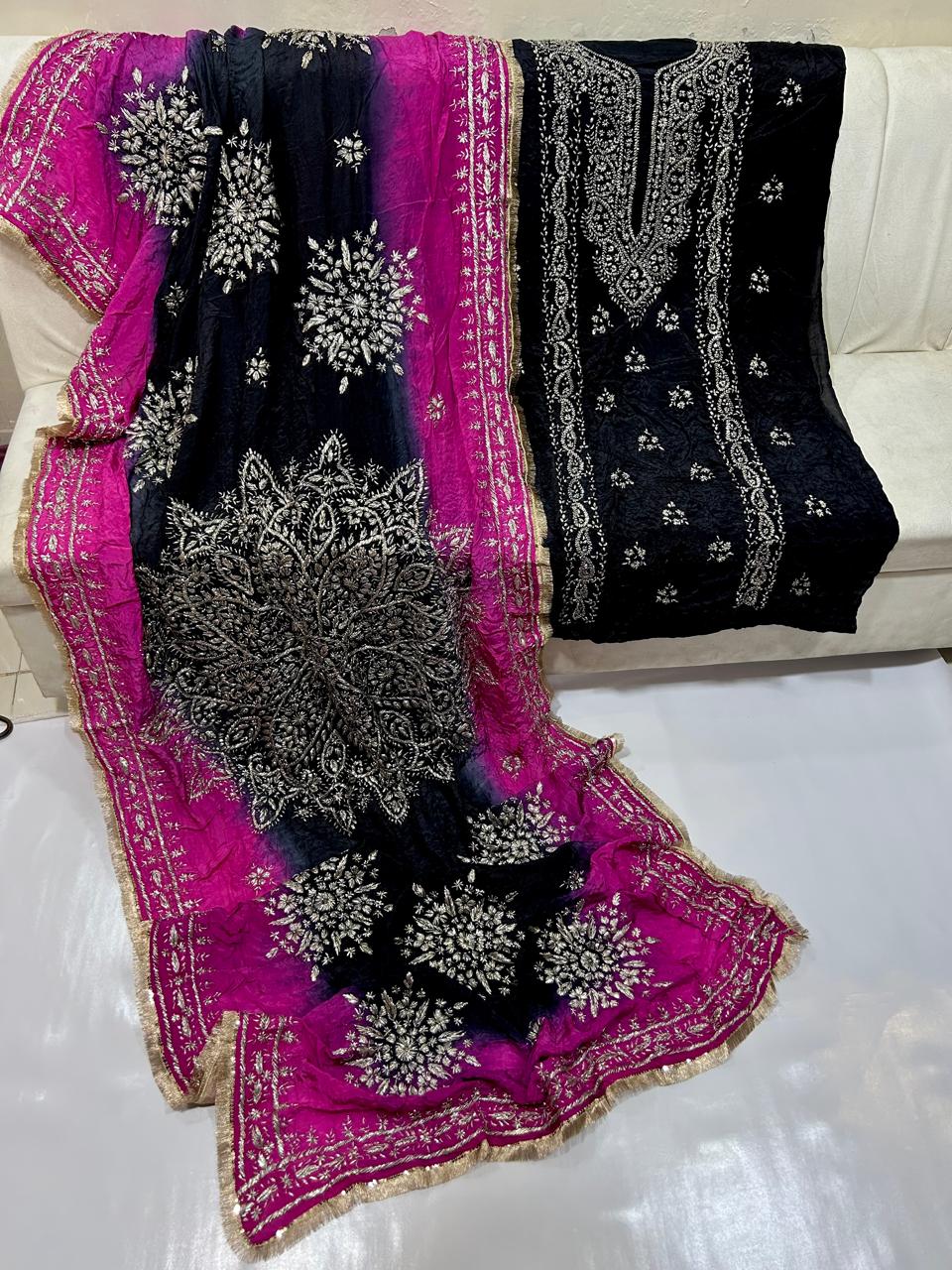 Black and fuchsia unstitched embroidered dress material