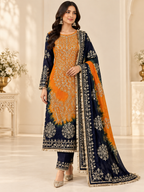 Styling visualization of finished orange and navy custom-stitched wedding occasion dress
