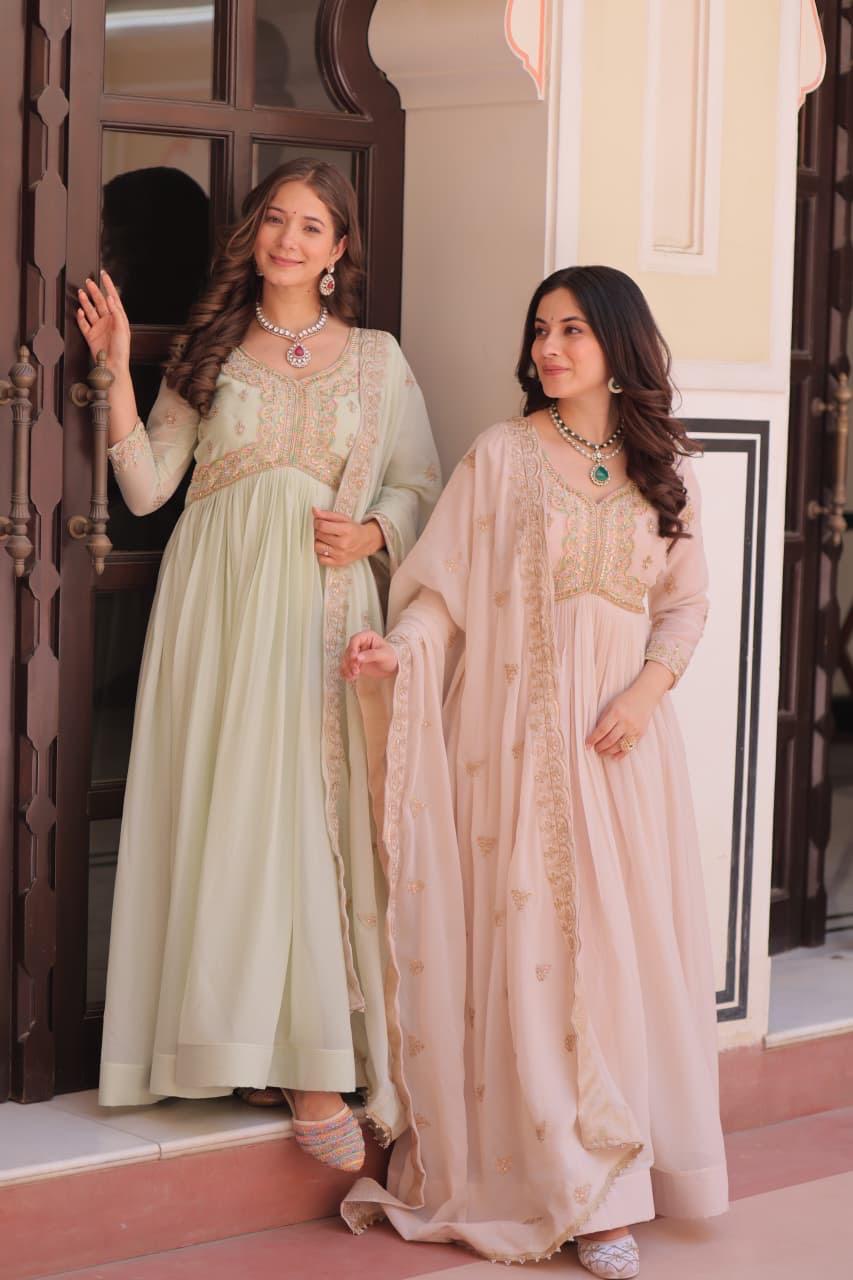 Light Green and Light Pink Georgette Chiffon Sequins Gown and Dupatta Set - full outfit view