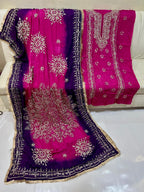 Fuchsia and purple unstitched embroidered dress material