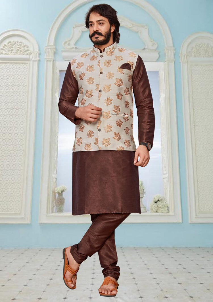 Jacquard Men's Kurta Pajama Jacket Set - full outfit view