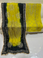Lime and black unstitched embroidered dress material