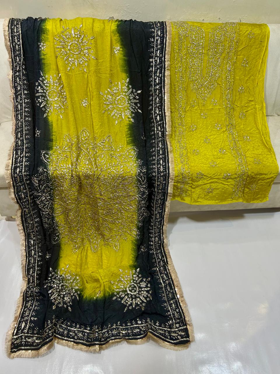 Lime and black unstitched embroidered dress material