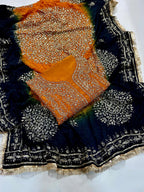 Orange and navy unstitched embroidered dress material