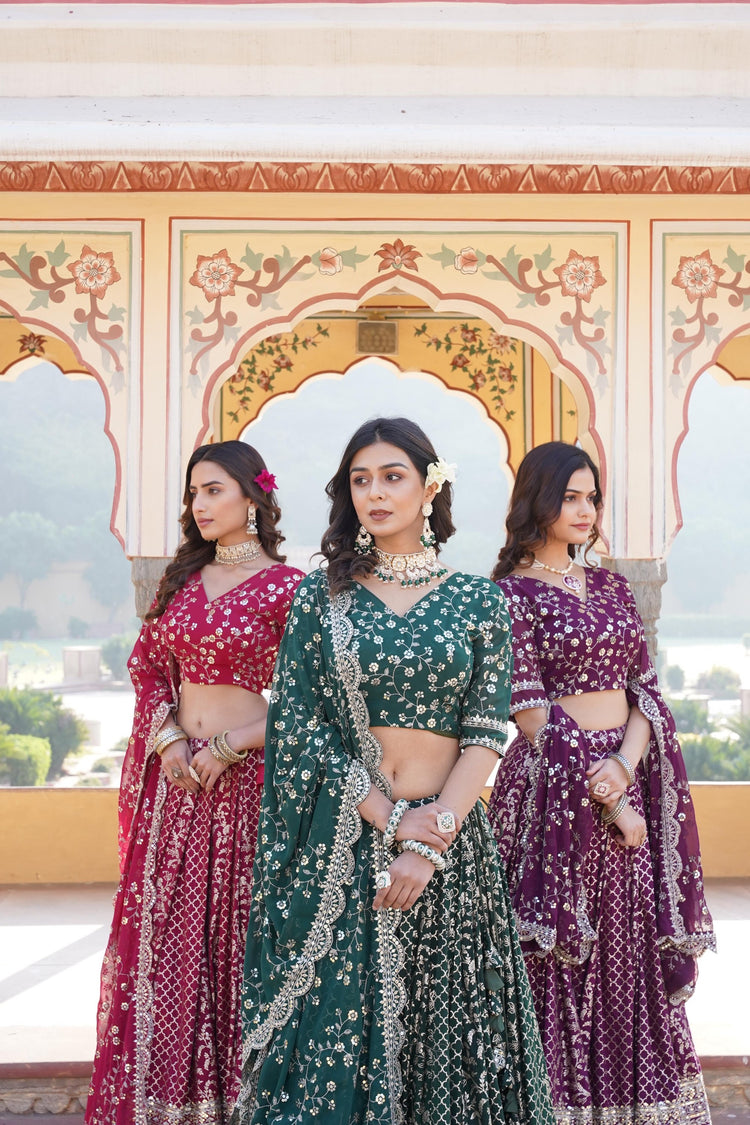 Plum and Red Jacquard Sequins Lehenga Choli - full outfit view