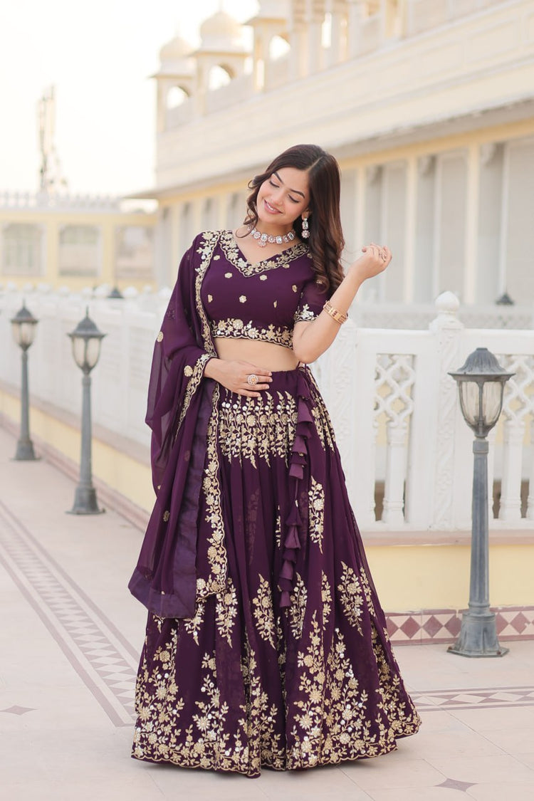 Plum Chiffon Sequins Lehenga Choli - full outfit view