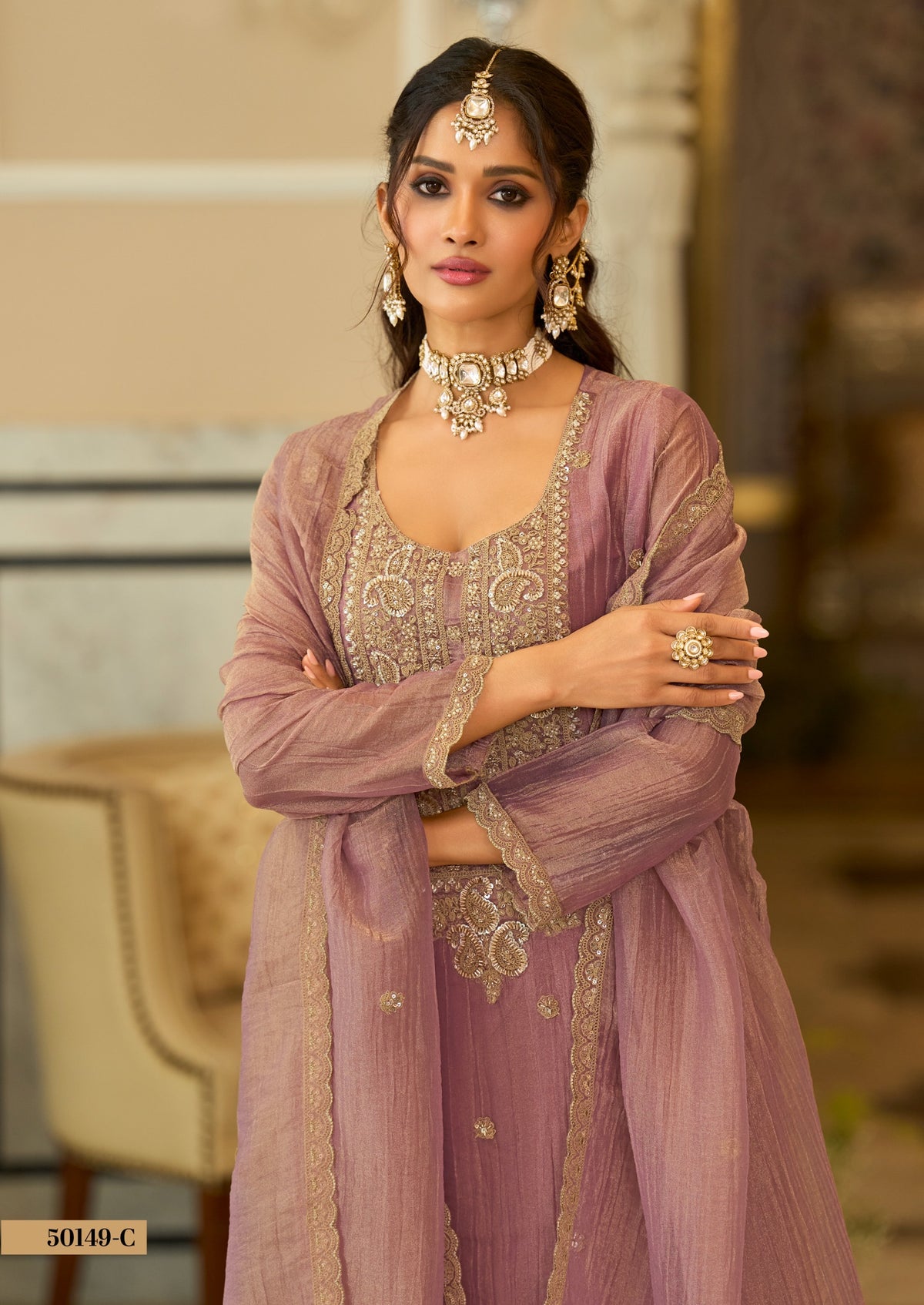 Duppta- Salsa with embroidery work - front view | Desi Clothing USA