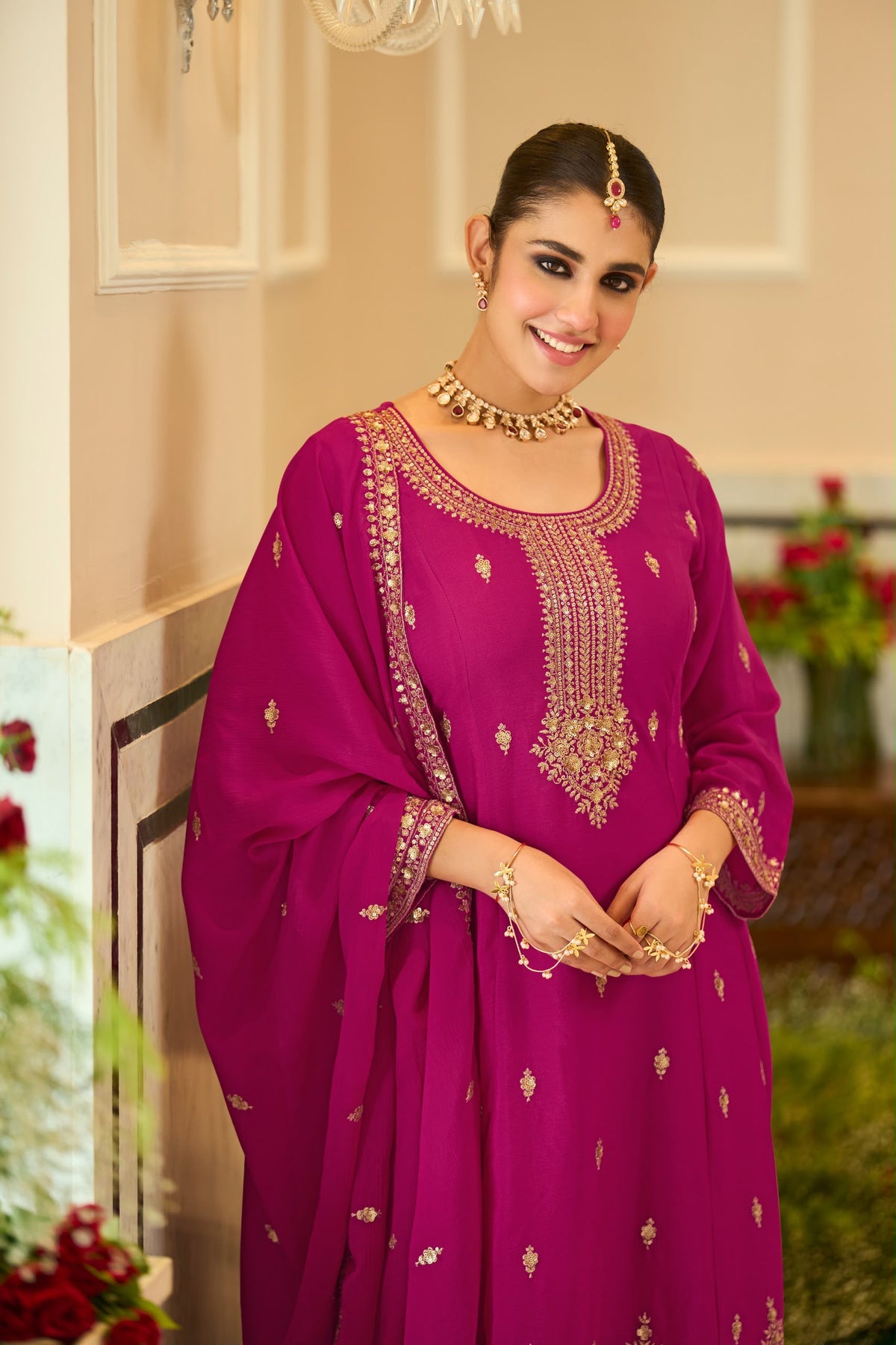 Embroidered Chinnon Salwar Kameez Set - front view | Desi Clothing USA
