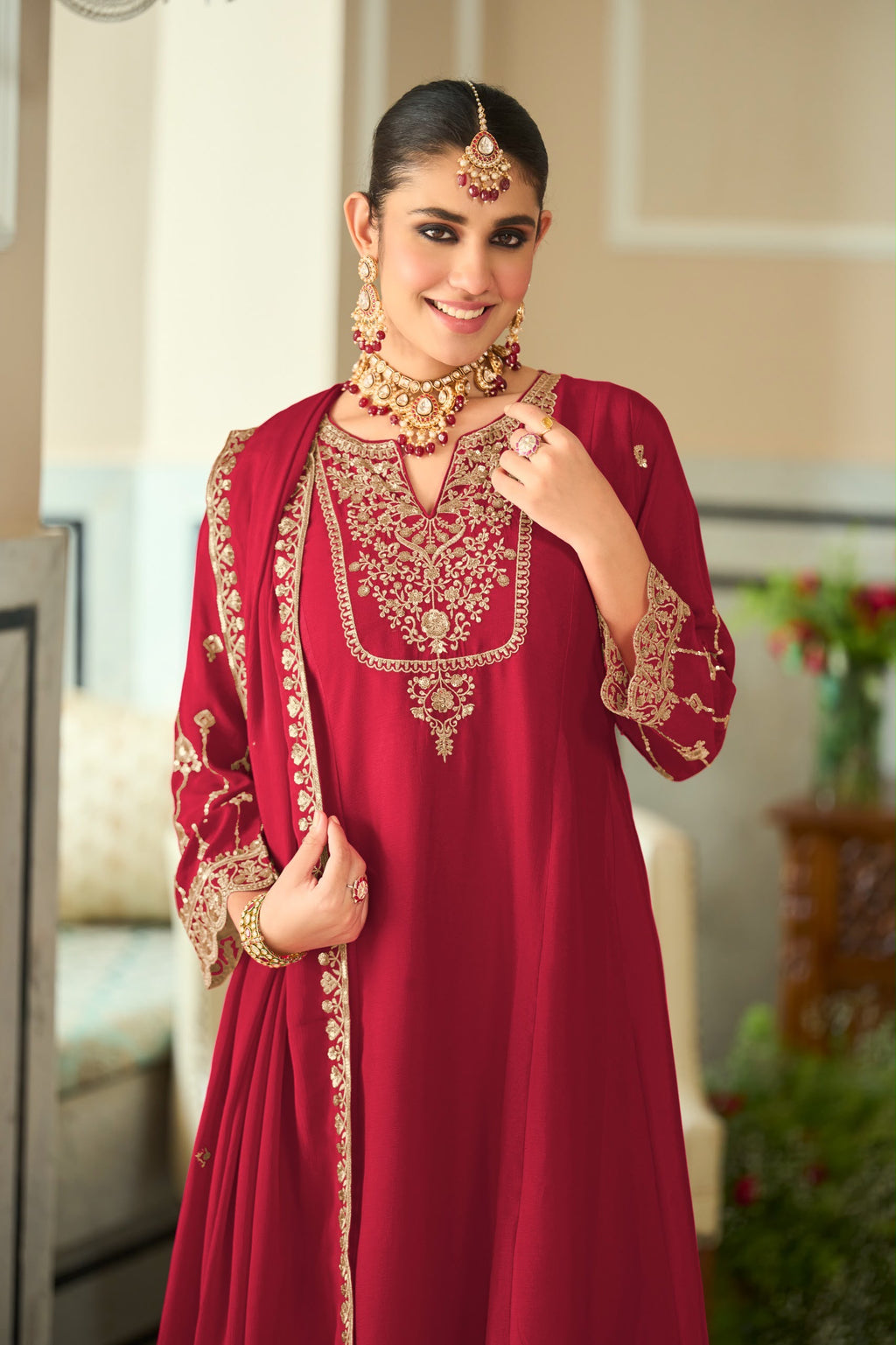 Embroidered Chinnon Salwar Kameez Set - front view | Desi Clothing USA