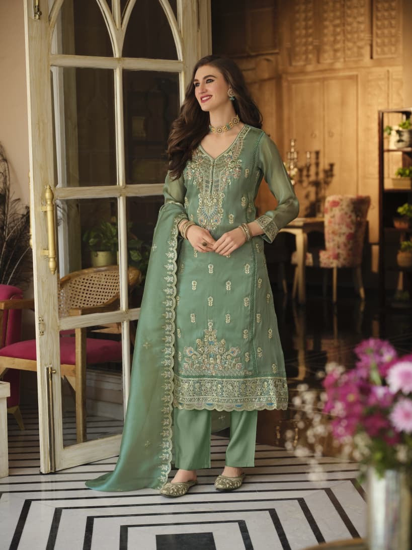 Embroidered Silk Salwar Kameez Set - fabric and embroidery detail | Desi Clothing USA