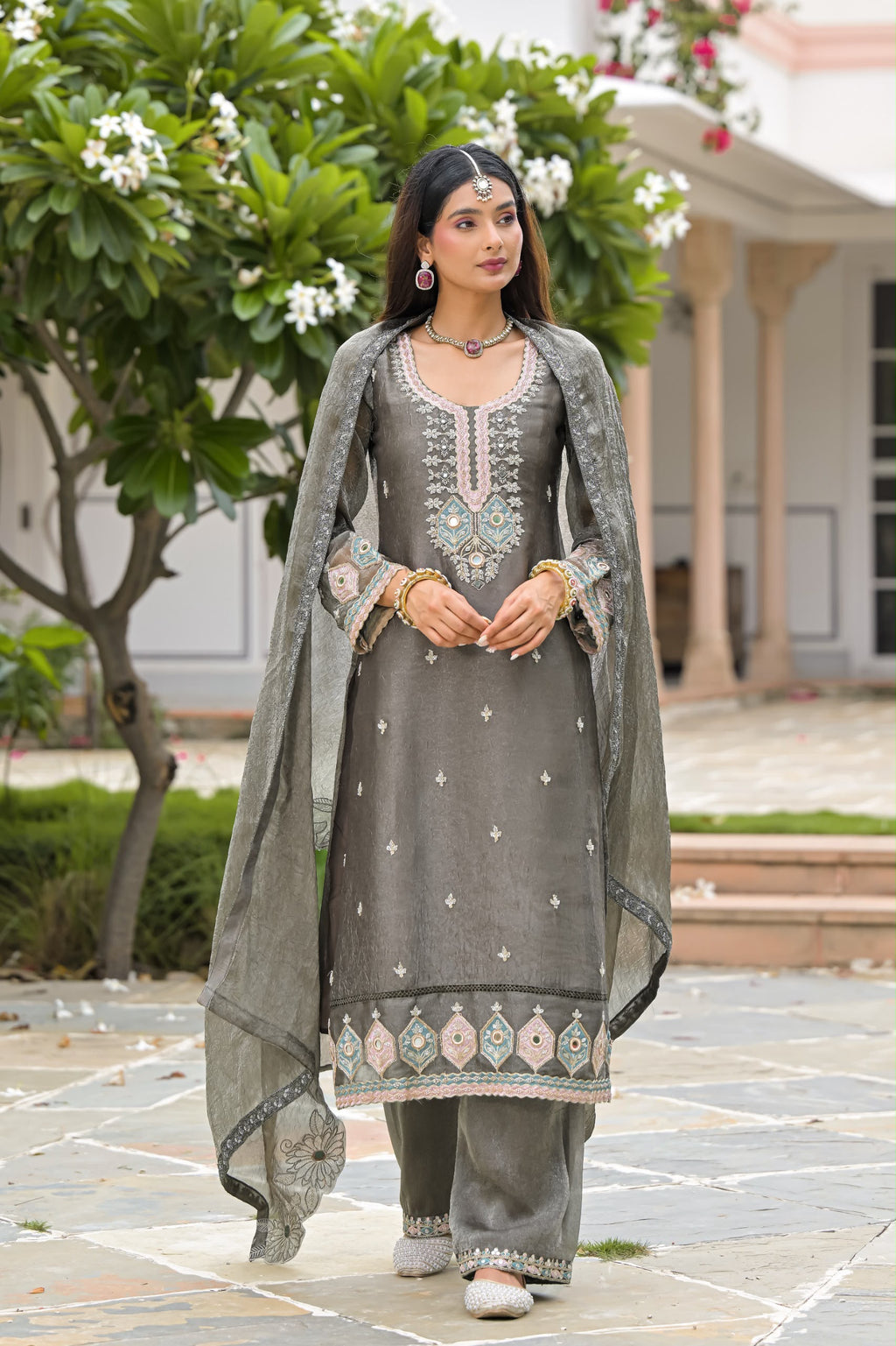 DN 50135 crush satin - fabric and embroidery detail | Desi Clothing USA
