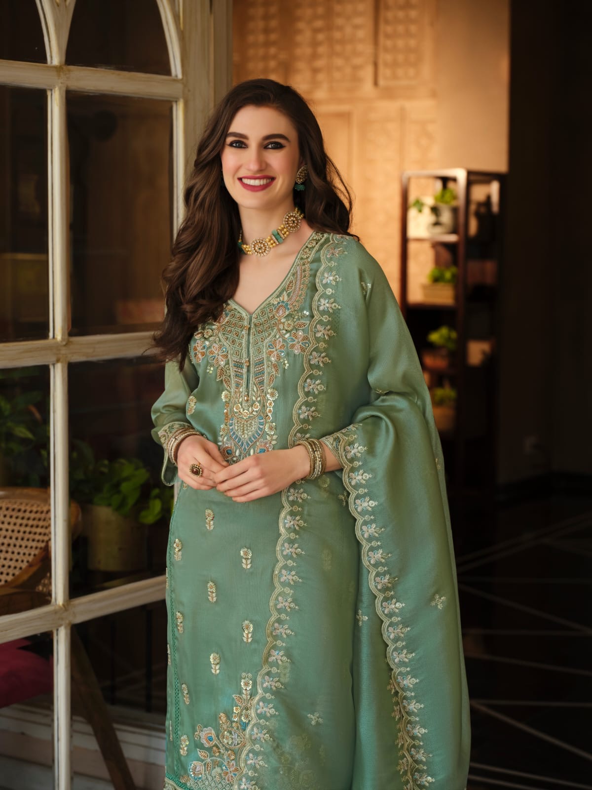 Embroidered Silk Salwar Kameez Set - full-length view | Desi Clothing USA