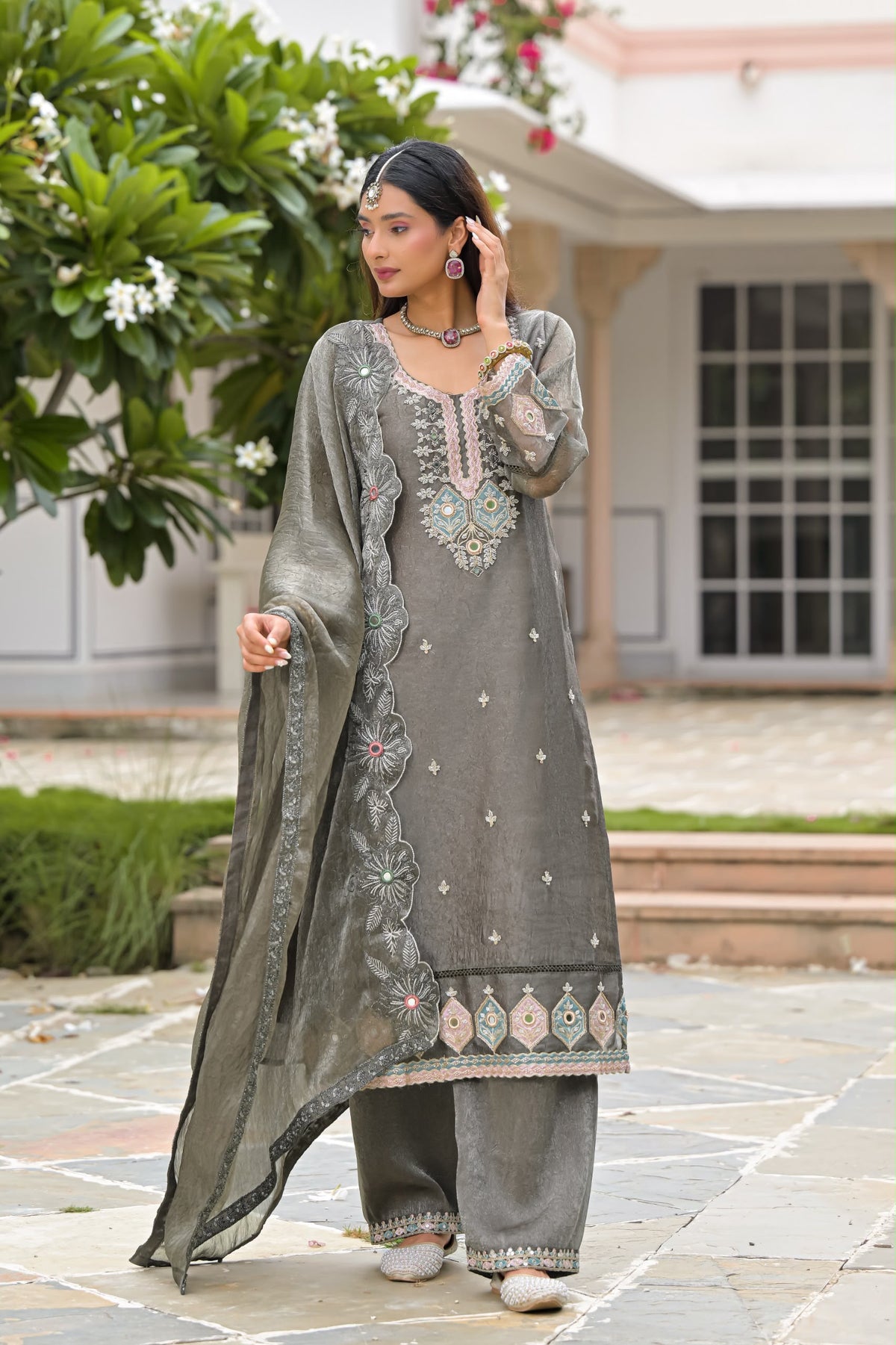 DN 50135 crush satin - full-length view | Desi Clothing USA