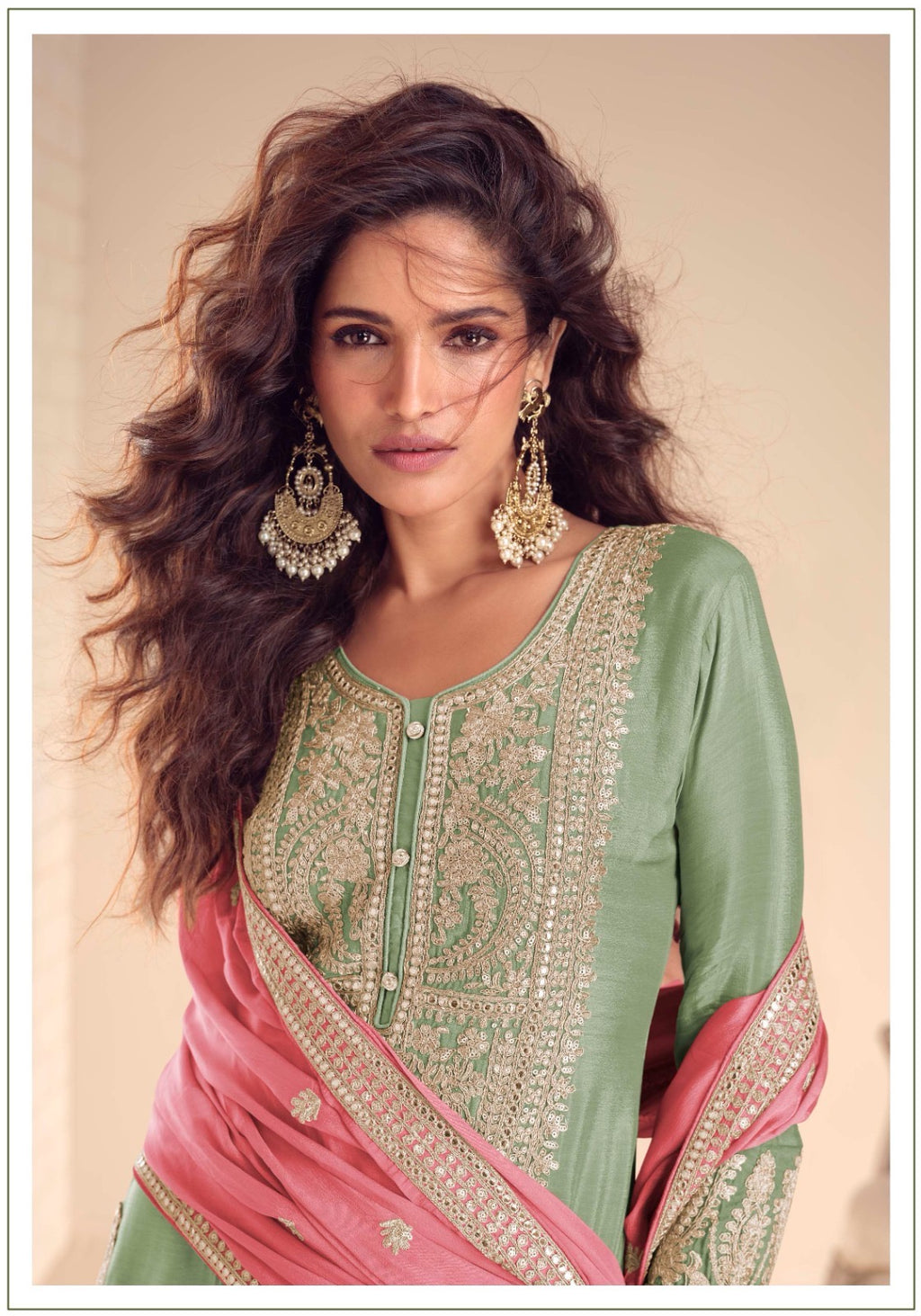 Embroidered Chinnon Salwar Kameez Set - full-length view | Desi Clothing USA