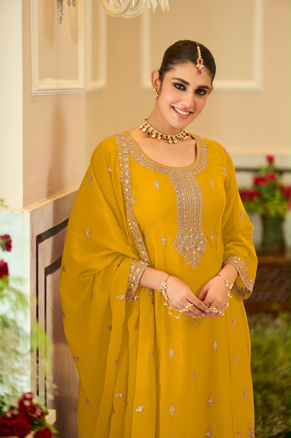 Embroidered Chinnon Salwar Kameez Set - fabric and embroidery detail | Desi Clothing USA
