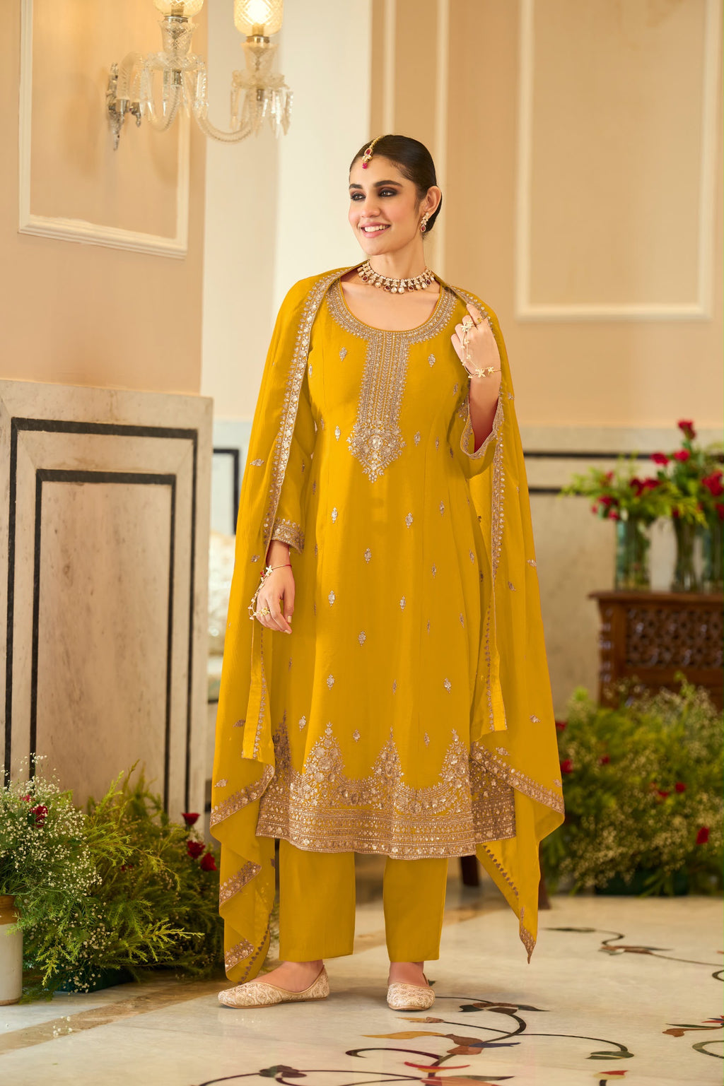 Embroidered Chinnon Salwar Kameez Set - full-length view | Desi Clothing USA