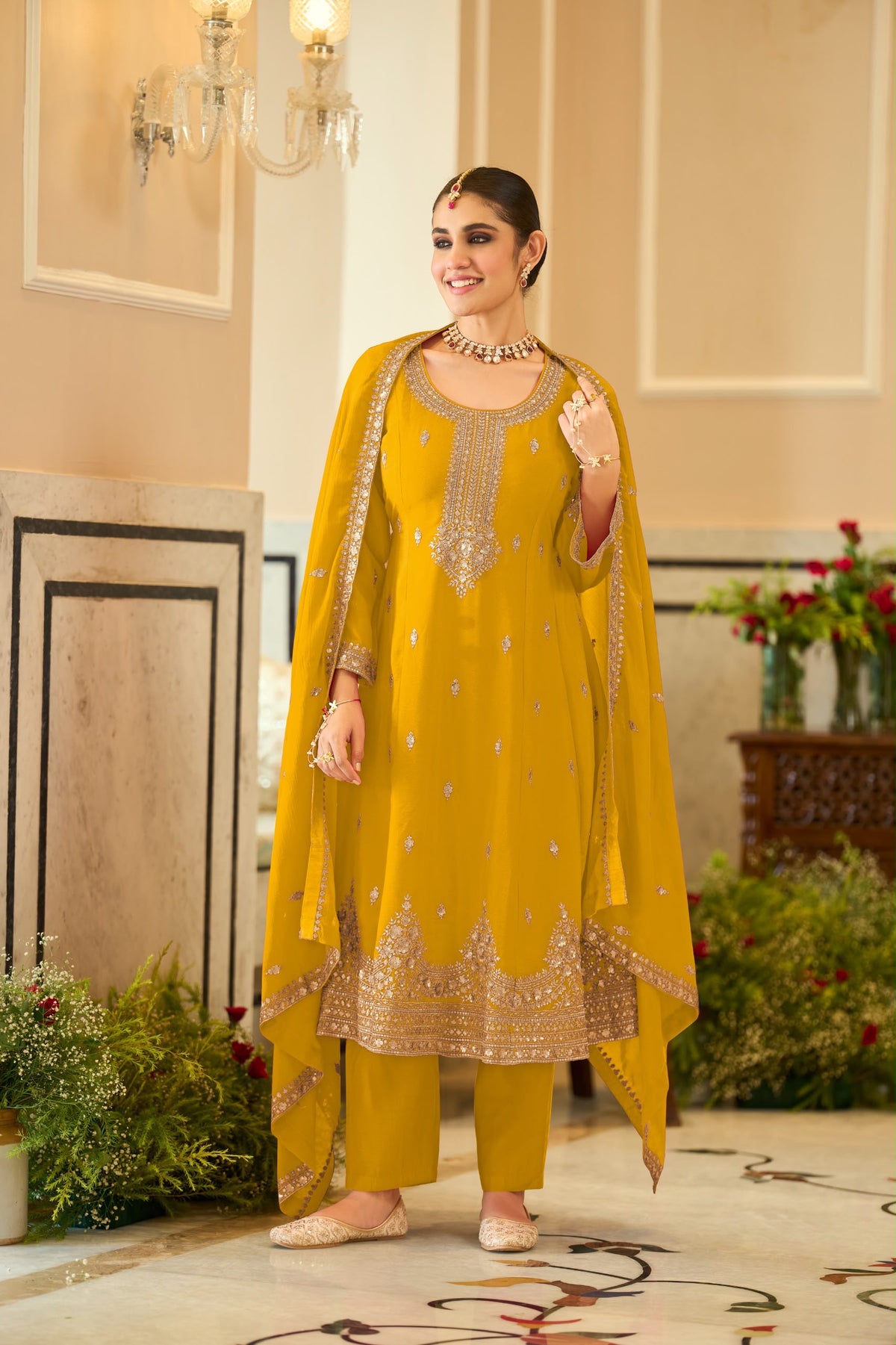 Embroidered Chinnon Salwar Kameez Set - full-length view | Desi Clothing USA