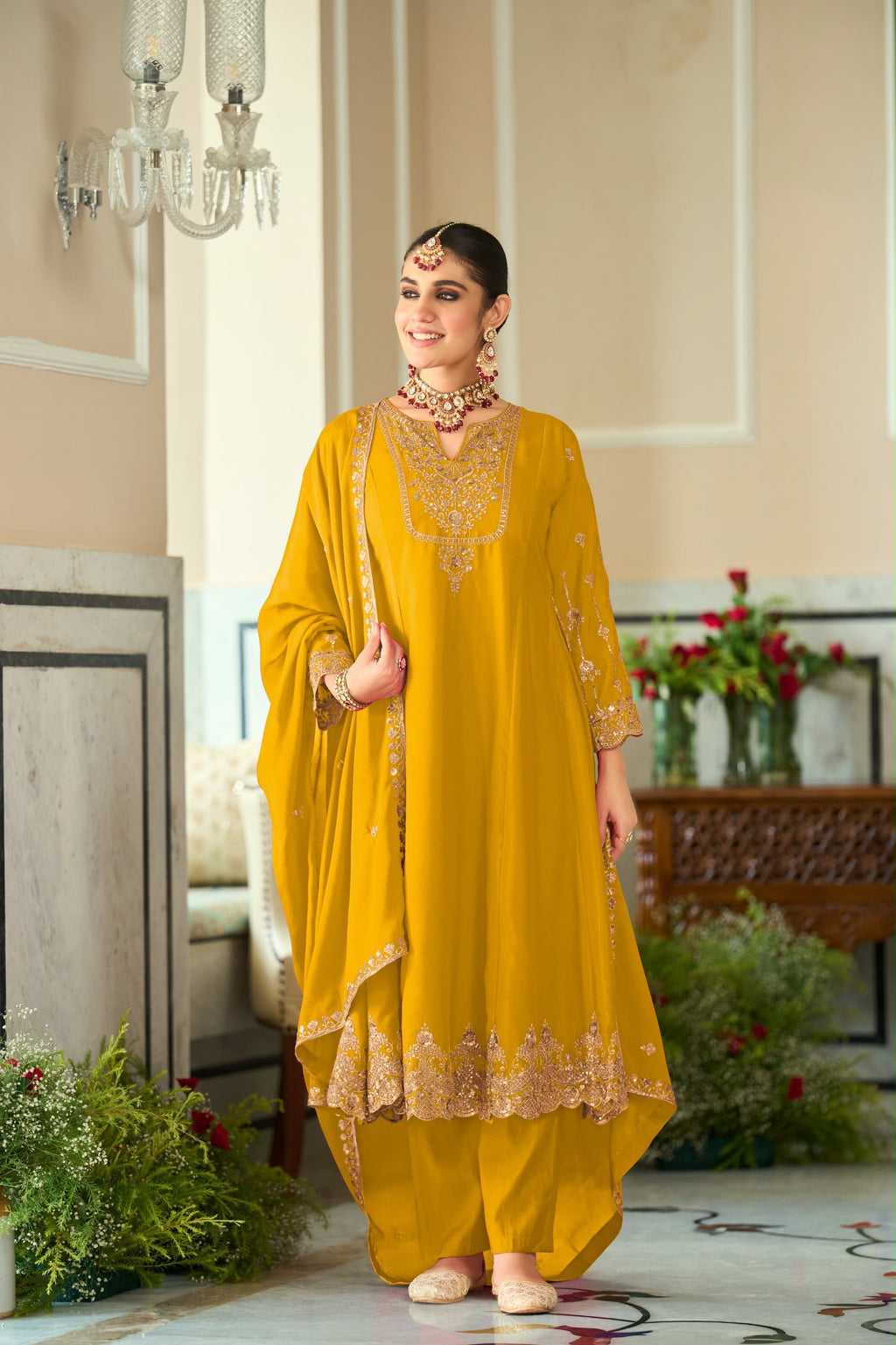 Embroidered Chinnon Salwar Kameez Set - full-length view | Desi Clothing USA