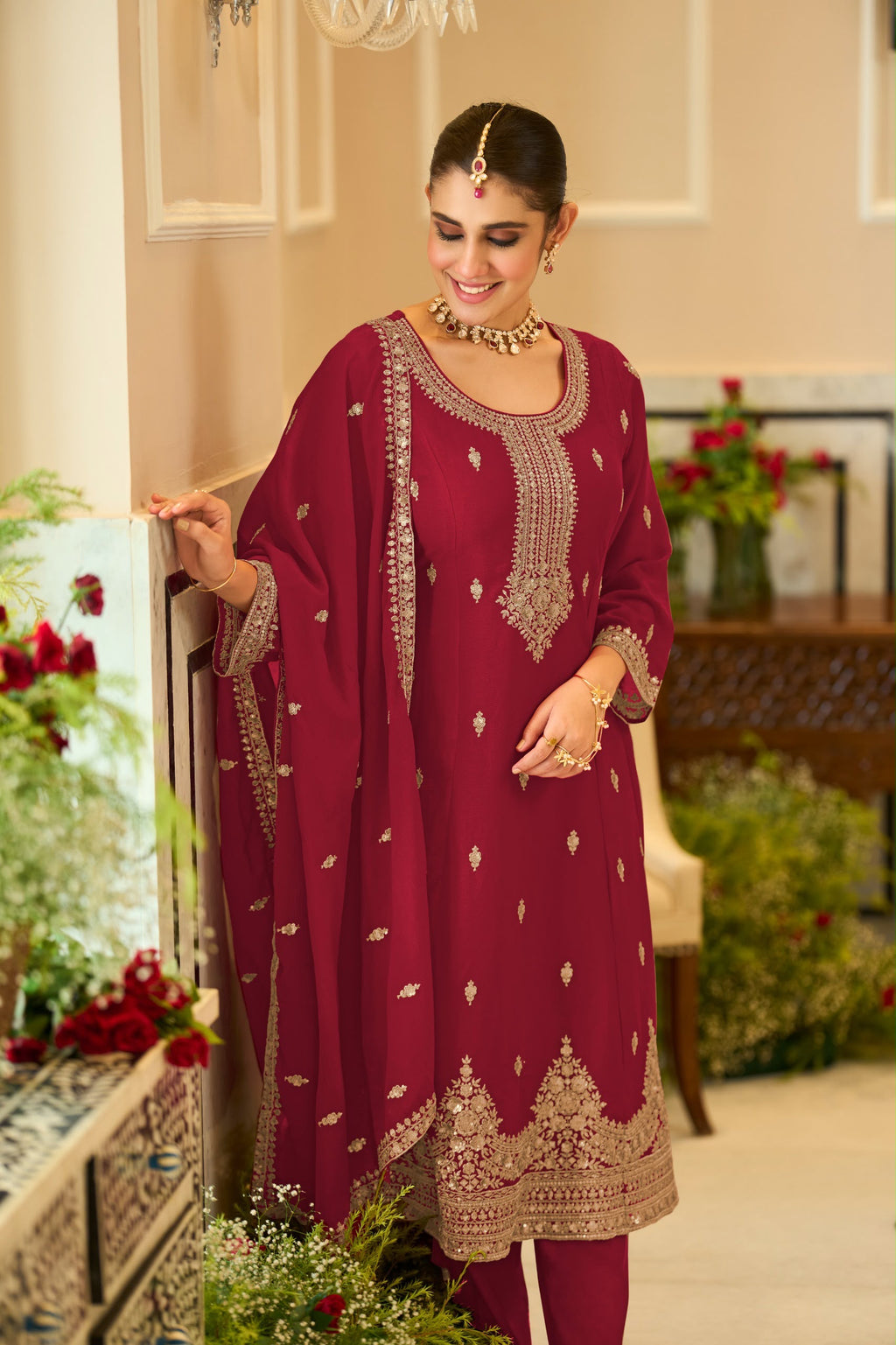 Embroidered Chinnon Salwar Kameez Set - back view | Desi Clothing USA